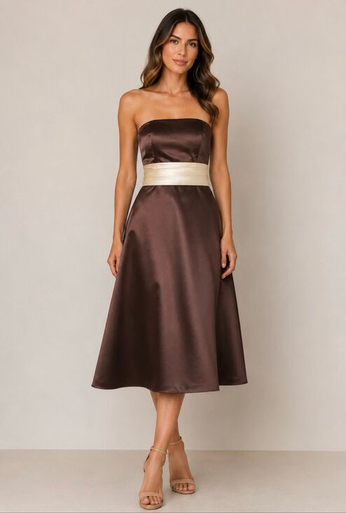 Bill Levkoff Dresses & Skirts - Bill Levkoff Chocolate Brown Satin Strapless Fit Flare Midi Dress Ivory Sash 6